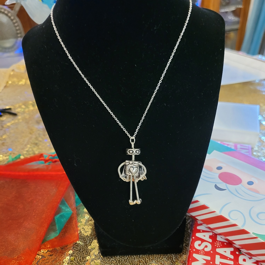 Cutest Silver Tones Super Robot Pendant Necklace